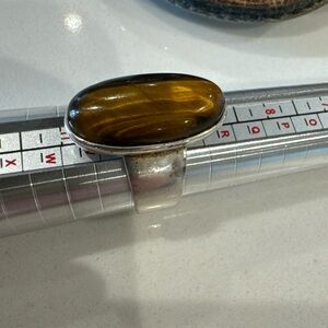 Vintage Sterling Silver 925 Yellow Tiger Cats Eye Ring Size 10 Amber Bohemian